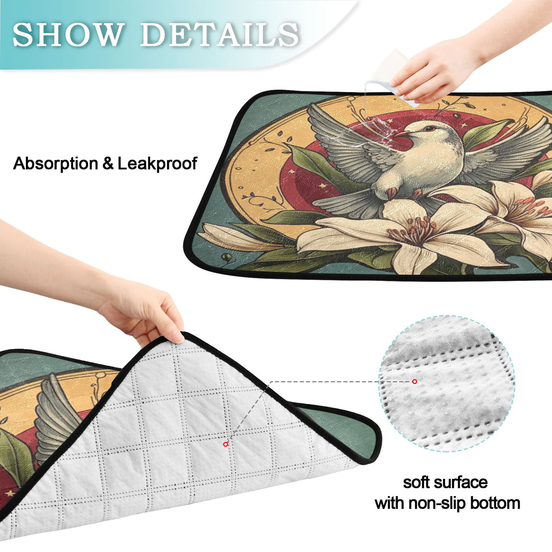 Qxltty Illustration Of A Dove Of Peace with White Lily Cat litter Pads Pet Set of 3 Diaper Mats Center Anti-leakage Layer Absorbent Soft and Comfortable