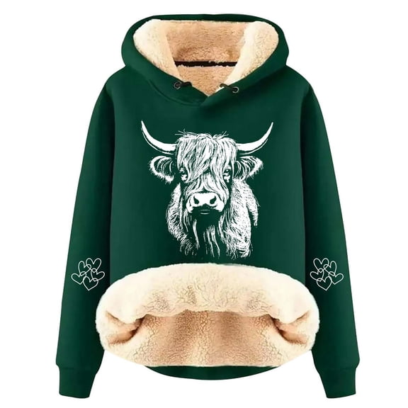 Womens Cozy Hoodies Thick Long Sleeve Highland Cattle Print Hooded Sweatshirt Fall Fashion Pullover Sweaters Winter Clothes