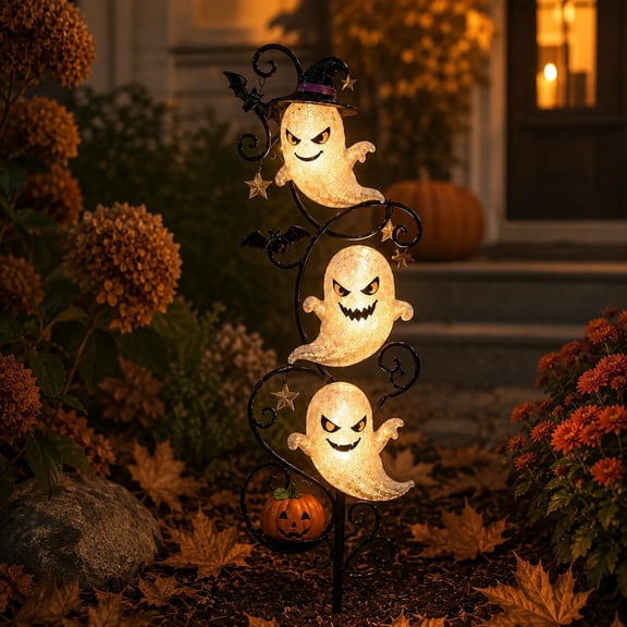 Solar Halloween Little Ghost Garden Stake Light, 3 Glowing Ghost Yard Decorations with Pumpkin Lantern, Waterproof Auto On/Off Solar Pathway Lights for Lawn Porch Walkway Party Decor
