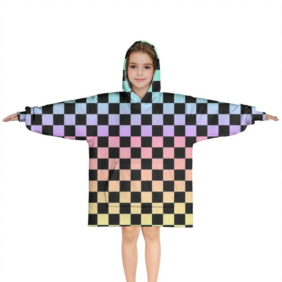 Gradient Color Checkered Pattern Blanket Hoodies for Kids 6-13YR Oversize Wearable Blanket Hoodies for Boys Girls Teens