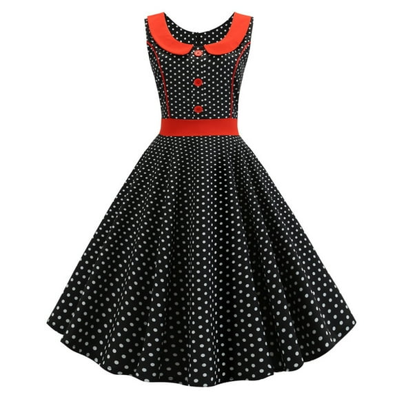 Munlar Women's Sun Dress Round Neck Sleeveless Dress High Waist Polka Dot A-Line Vintage Midi Dress
