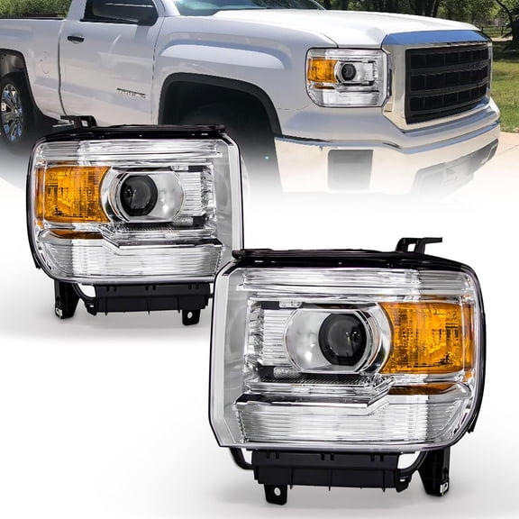 Headlight Assembly for 14 15 16 17 18 GMC Sierra 1500HD/ 2015-2019 GMC Sierra 2500HD/ 3500HD Base/Denali/SLE/SLT Headlights Without LED Daytime Running lights with Chrome Housing Amber Reflector