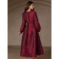 thumbnail image 6 of Multicolor Jacquard Round Neck Long Sleeve Waist-Gathered A-Line Midi Dress For Women, 6 of 6