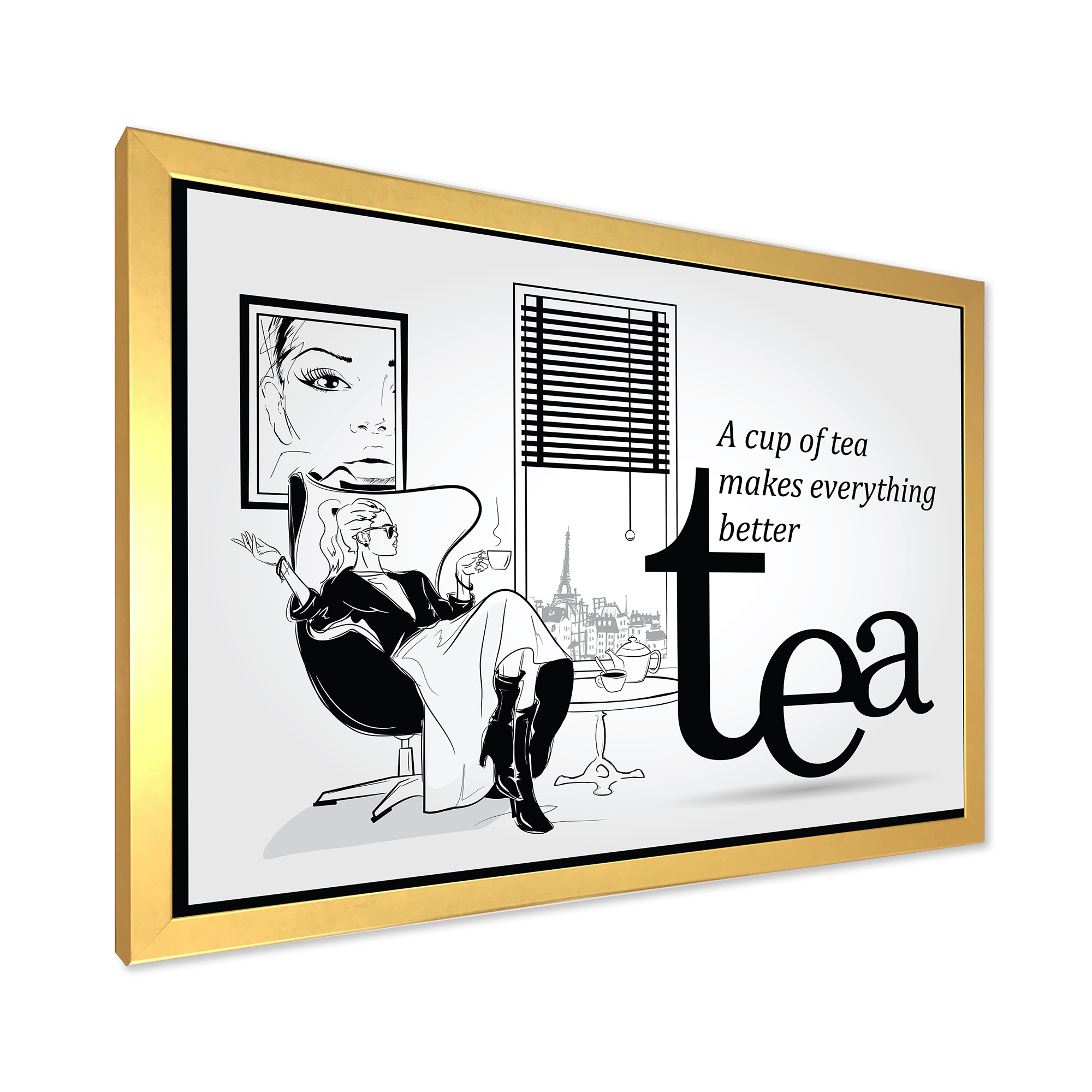 Designart 'Ancient Fashion Girl Drinking A Cup Of Tea' Vintage Framed Art Print