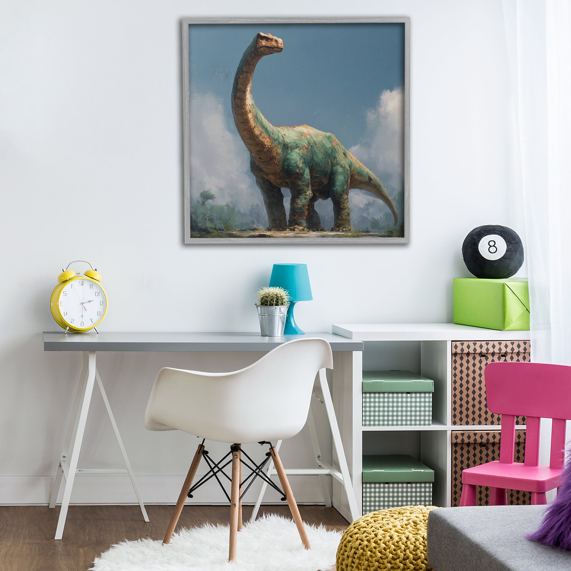 Stupell Industries Colossal Brontosaurus in Meadow Gray Framed Giclee Art, design by Wumples