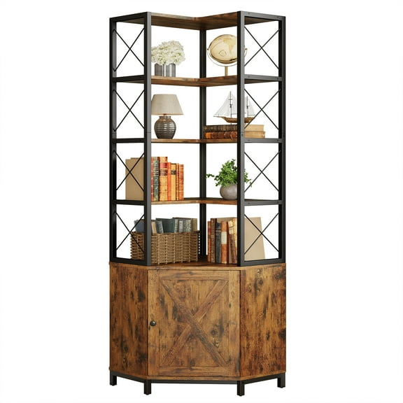 IRONCK 77.9" Tall Corner Bookshelf with 5-Tier Display Shelves and Door Storage Cabinet, Industrial L-Shaped Bookcase for Home Office Living Room