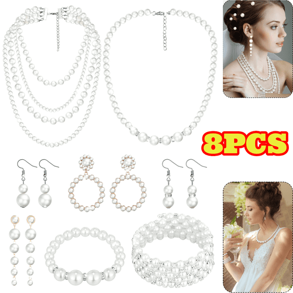 8pcs Pearl Necklace and Earrings Set for Women, Pearl Jewelry Set Faux Necklace Earrings Simulated Bracelets