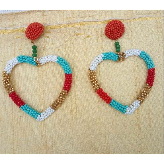 Crunchy Fashion Statement Jewelry Bohemian Seed Beed Boho Beaded Handmade Hearts Drop Earrings Gift for Women || Gifts for Mom, Wife, Sisters,Women