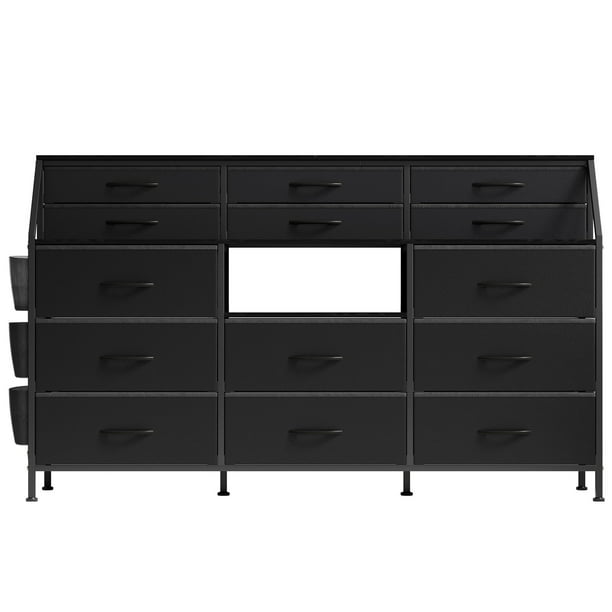 de Tela con 14 Cajones (Estructura de Metal, Tapa de Madera, Estantes Abiertos, Bolsillos Laterales), Ideal para Recámara, Sala de Estar y Armario, Se Adapta a TVs de hasta 55"
