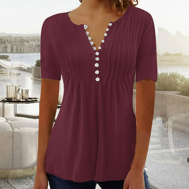 LSLJS T-Shirts pour Femmes Mode Décontractée Col Rond Plissé Couleur Unie Bouton Haut Blouse