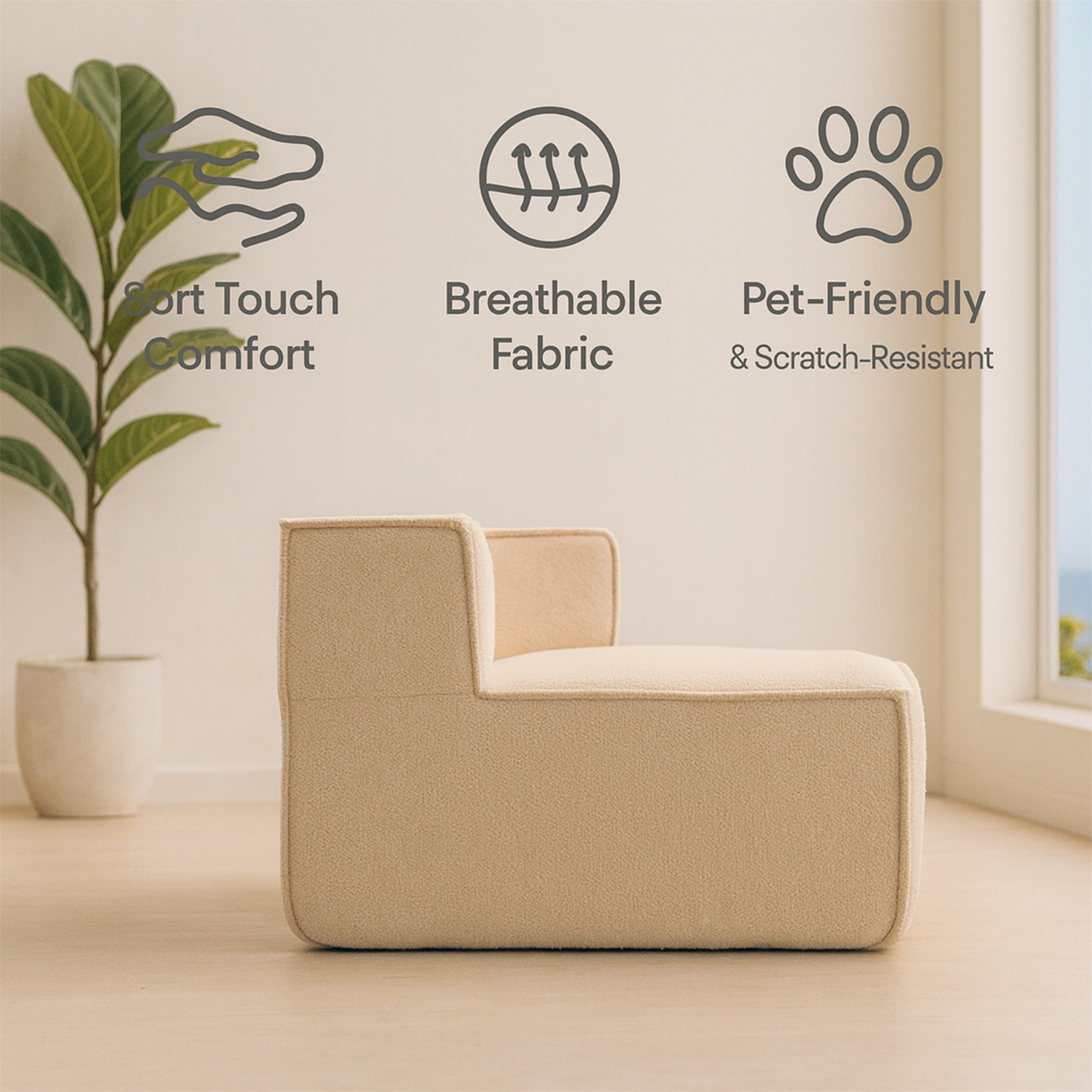 Hommoo Teddy Fleece Single Sofa Chair,Compressed Modular Floor Couch with Wide Seat and 3 Back Cushions, Soft All-Foam Support, Cozy Lounge Chair for Home, Kids & Pets, Left Side, Beige