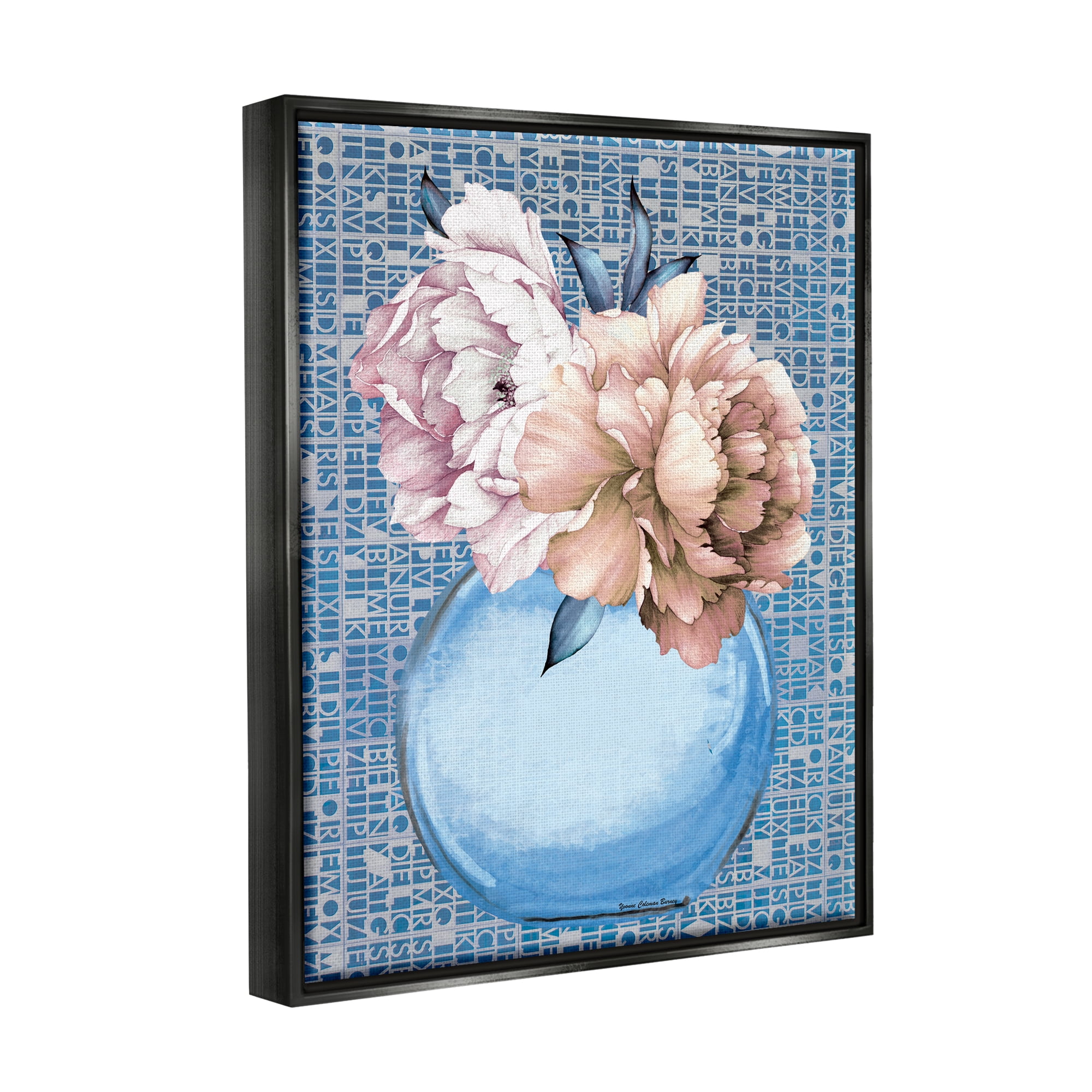 Stupell Industries Peonies on Typography Pattern Botanical & Floral Painting Black Floater Framed Art Print Wall Art, 25 x 31