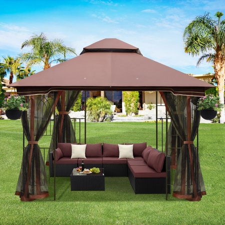 AVAWING 10'x10' Steel Frame Outdoor Gazebo, Double Soft-Top Canopy with Netting for Patio, Chocolate
