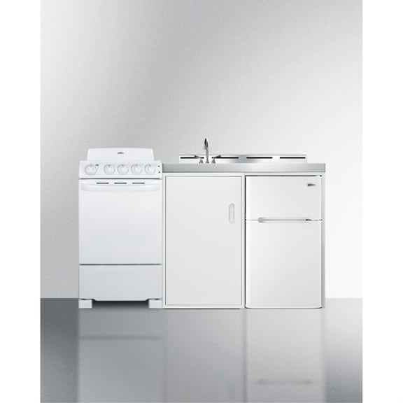 All-in-one combination kitchenette with refrigerator-freezer, sink, storage cabinet, and coil range