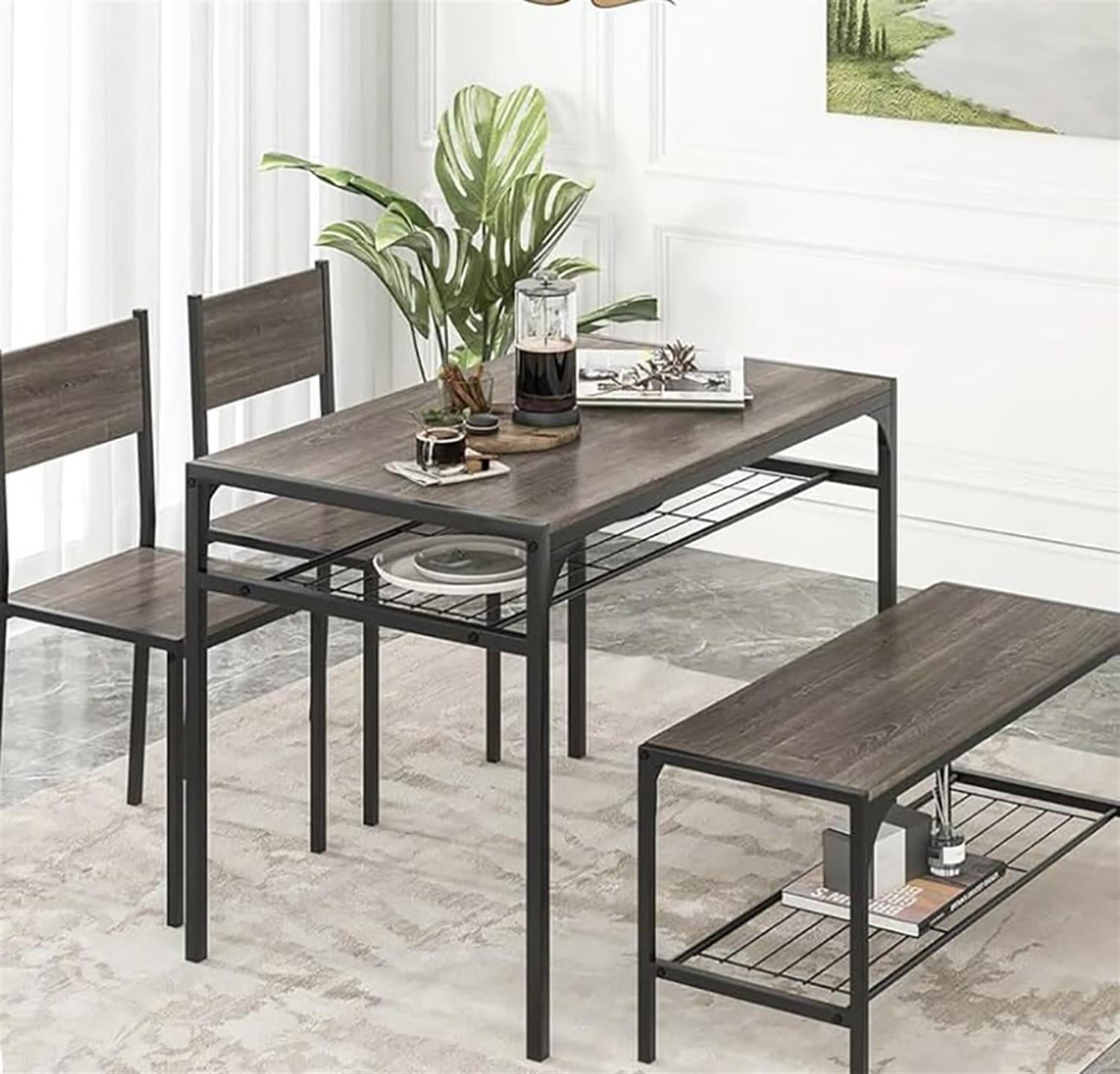 Demi Bonn 4-Piece Dining Table Set with Bench and 2 Chairs, 43"dustrial Kitchen Table with Metal Frame and Storage Rack, Perfect for Small Space, Gray