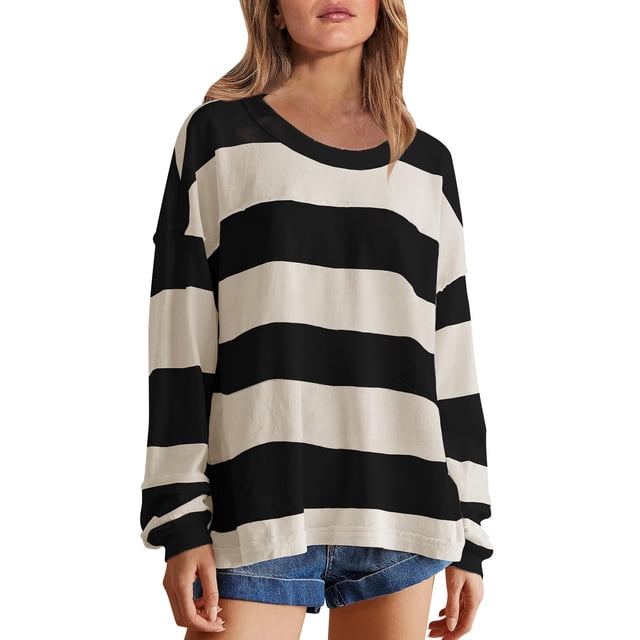 Timegard Sweatshirts for Women Striped Crewneck Long Sleeve Pullover Fall Loose Comfy Oversized Tops