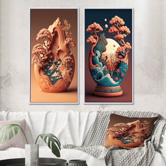 Designart "Terra Cotta Bonzai Mountainscape II" Paysage Abstrait Encadré Ensemble d'Art Mural de 2 - Ensemble de Cadres Muraux Traditionnels Orange pour Décoration Intérieure
