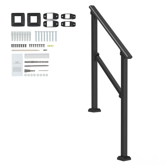 KFFKFF Outdoor Handrails for 2-3 Steps, Sturdy Carbon Steel Stair Rail Kit, Includes Mounting Gear, Ideal for Elderly, Suitable for Concrete Steps, Porches & Decks, Black Square Design