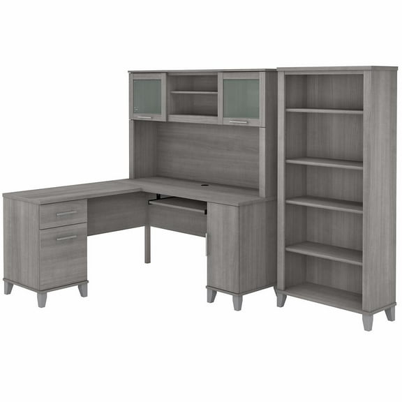 Somerset 60W L Shaped Desk with Hutch and Bookcase in Gray - Engineered Wood