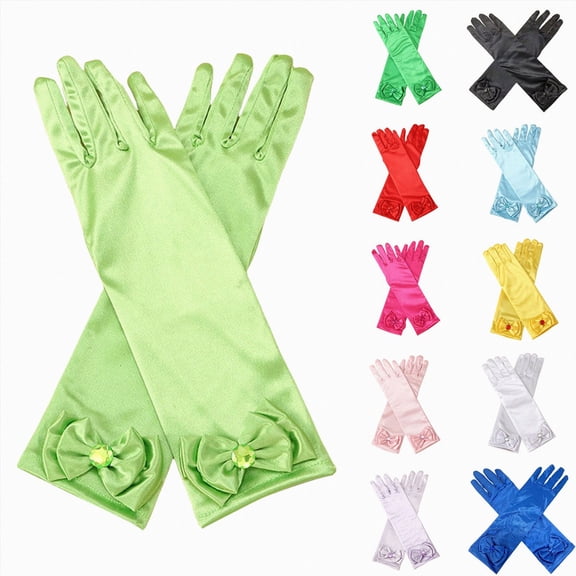 One Size Kids Long Satin Gloves with Bow Decor Dress Up Gloves