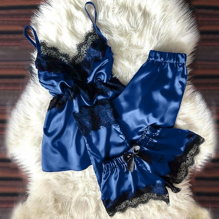 

ERTUTUYI Women V-Neck Eyelash Lace Stain Camisole Pajamas Bowknot Shorts Set