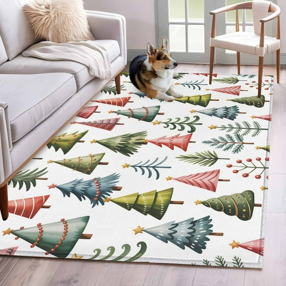Christmas Trees Area Rug 4x6 Washable Rug Non Slip Winter Xmas Watercolor Pine Plants Large Area Rug Indoor Floor Carpet for Entryway Bedroom Kitchen Living Room Home Office Dining Room Nursery