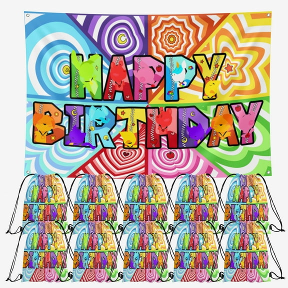 OdeJous Happy Birthday Party Supplies,10 Pieces Cartoon Candy Drawstring Bag Include Backdrop 7x5FT, Drawstring Goodie Favor Bags for Birthday Party Decorations(10.6 x 13.3 Inch)