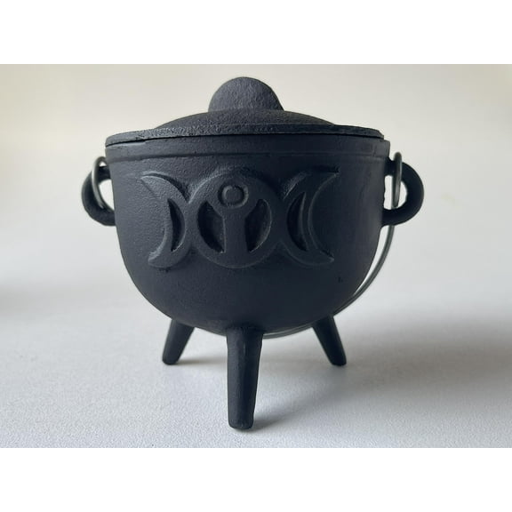 Triple Moon Cast Iron Cauldron With Lid and Handle, Witches Cauldron, Great For Use With Charcoal Incense, Smudge Sage, 4.25"-4.5"