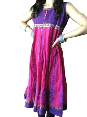 Mogul Women Tunic Dress Pink Blue Embroidered Bohemian Umbrella Dresses S/M