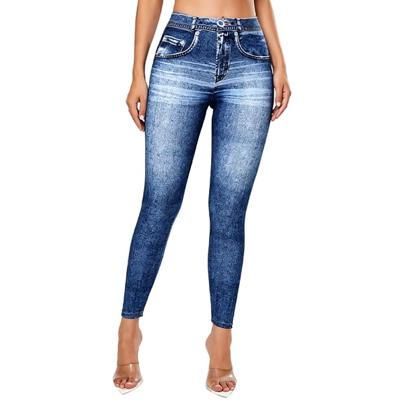 Women's High Waist Denim Look Jeggings, Stretchy Faux Jeans Leggings with Tummy Control, Skinny Fit Pull On Pants for Yoga Gym Workout Daily Wear Dark Blue L
