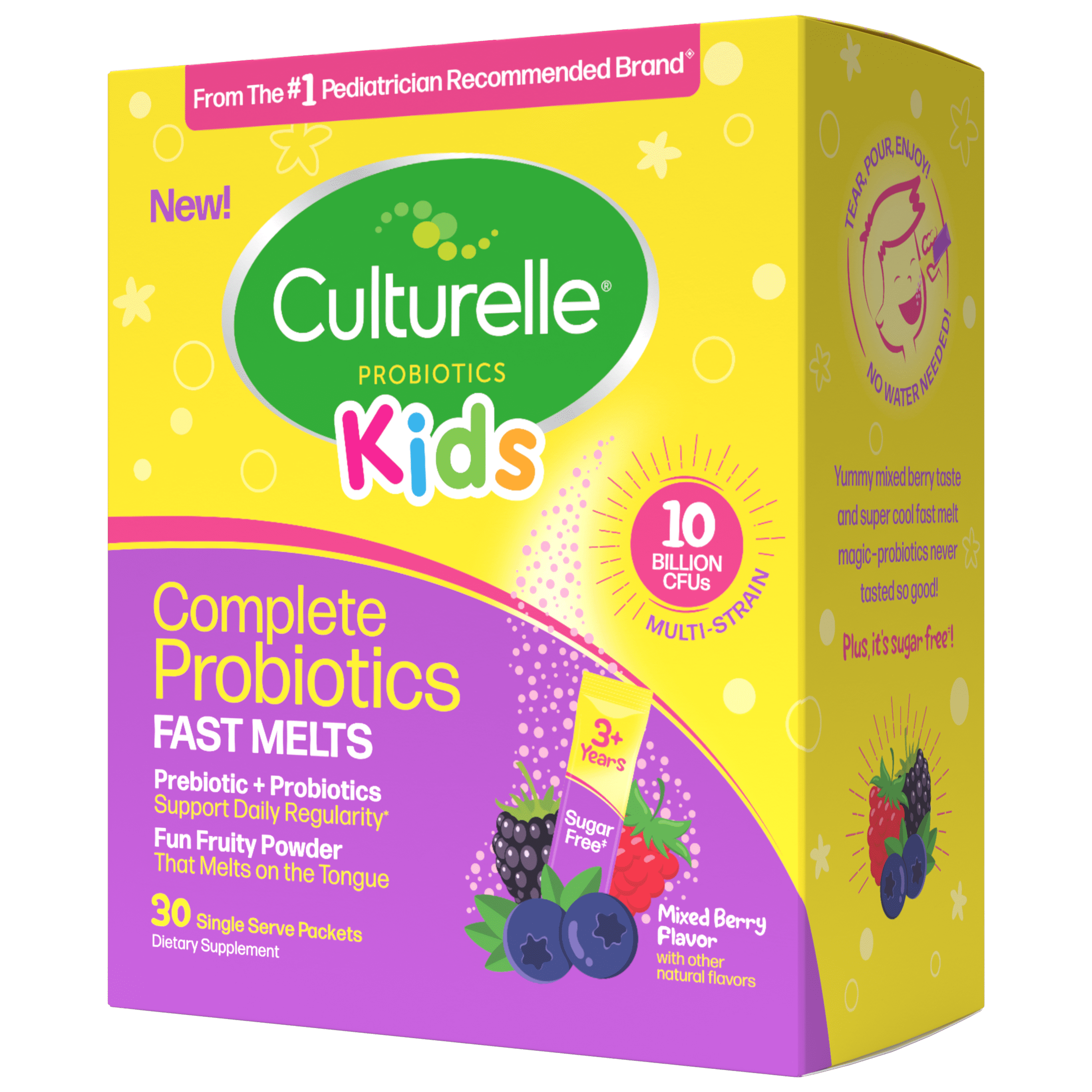Culturelle Probiotics Kids Complete Probiotics Fast Melts Daily Supplement, Immunity & Digestion Support for Children, Mixed Berry Flavor, 30 Packets