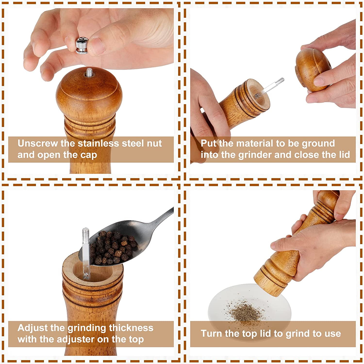 ® Wood Pepper Grinder Pepper Mill,Adjustable Coarseness 8 Inch Wooden Peppermill, Ceramic Grinding Mechanism Salt Mill Refillable (2 pack)