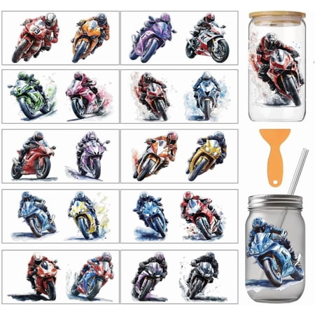 10 Pcs Motorbike Theme Cup Printing UV Transfer Papers 10 Styles Motorcyclists Motorcycles of Colorful PVC DIY Heat Transfer Stickers for 16 OZ Glass Cups Crafts 9.5x4.3inch Colorful