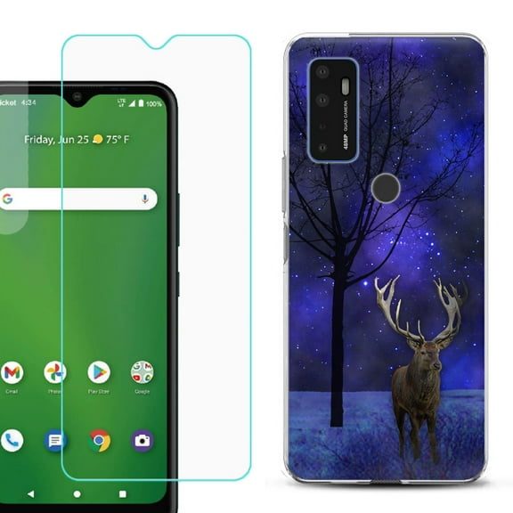 Slim-Fit Gel TPU Phone Case for Cricket Dream 5G, with Tempered Glass Screen Protector, by OneToughShield ® - Midnight Deer