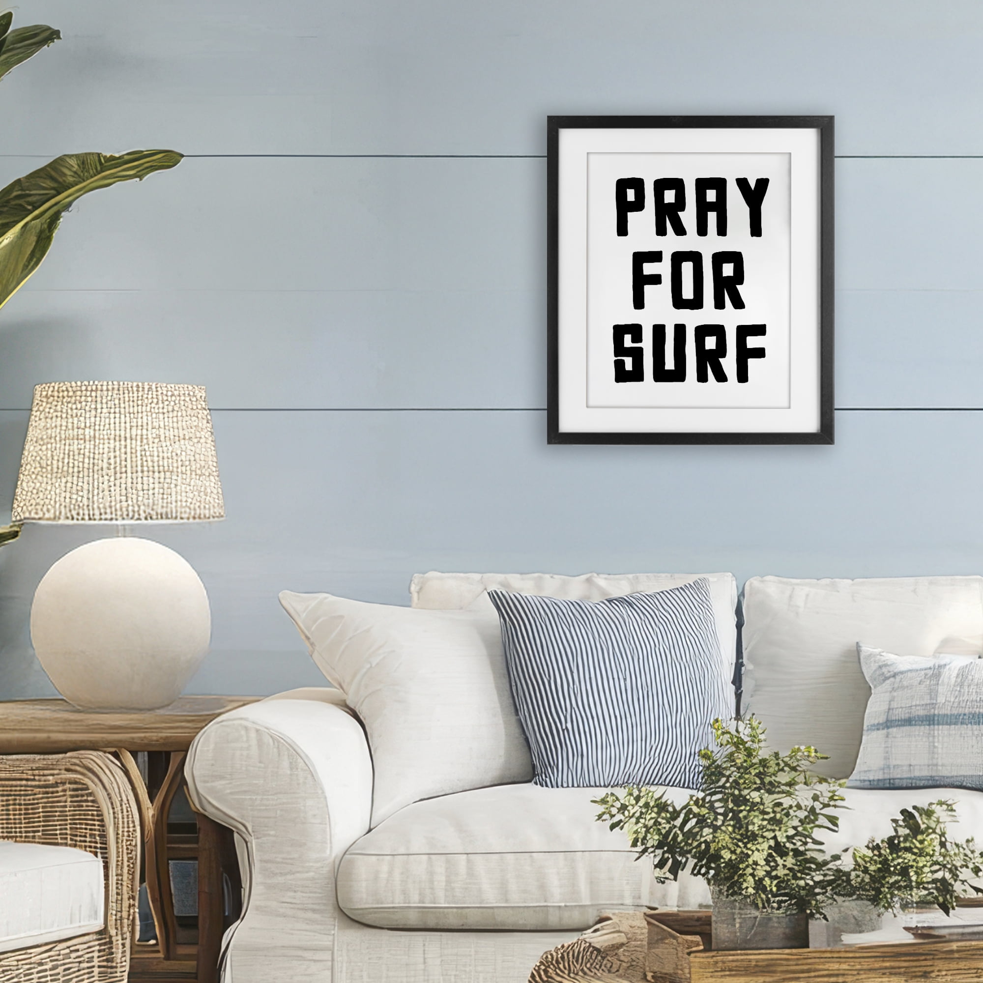 Pray For Surf Simple Sentiment Black Framed Print Under Glass, design by Lettered and Lined