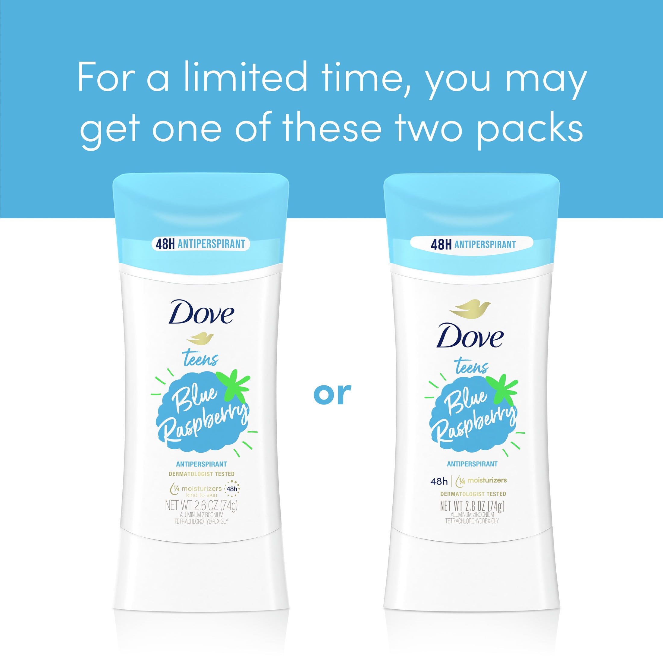 Dove Teens Long Lasting Women's Antiperspirant Deodorant Stick, Blue Raspberry, 2.6 oz