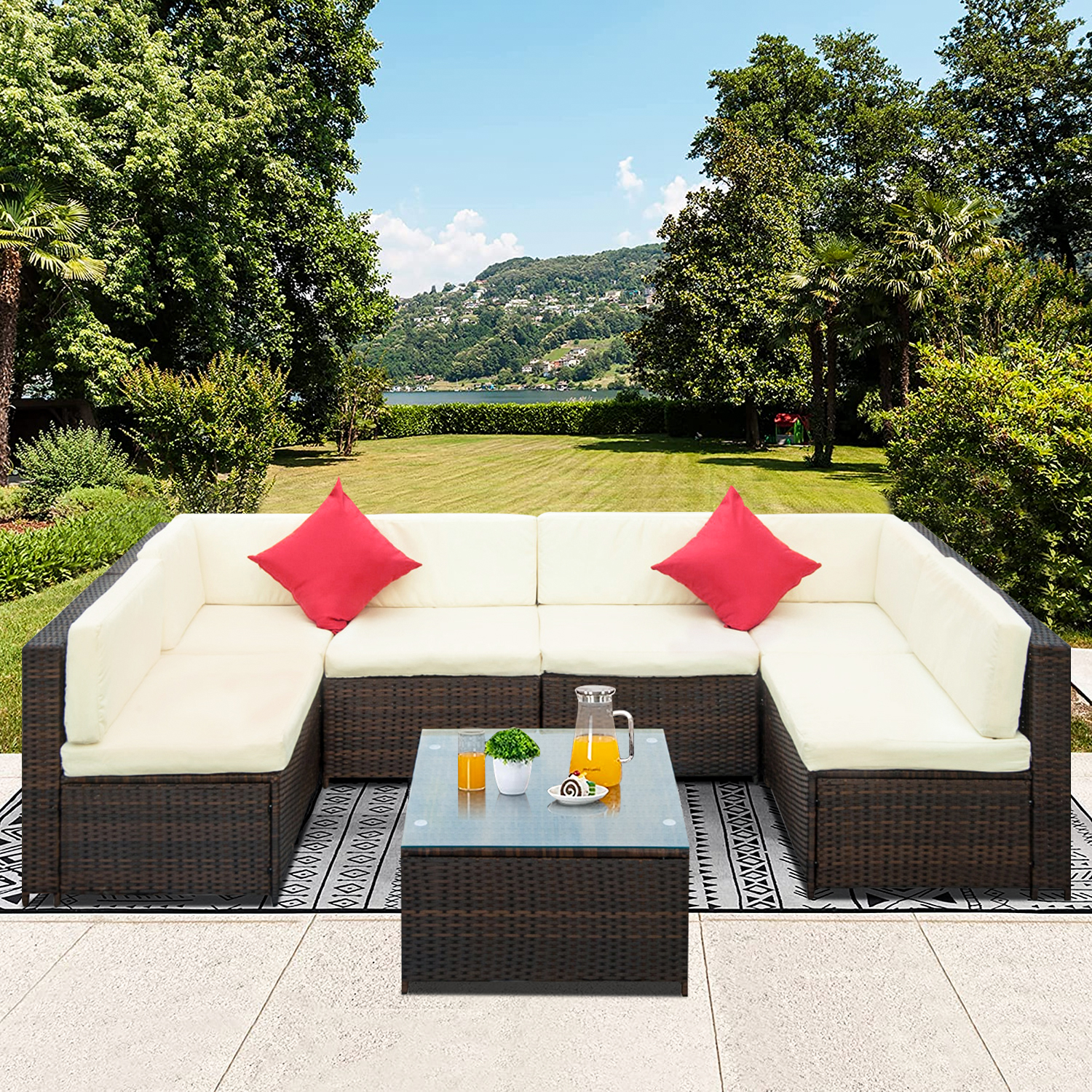 Wicker Patio Furniture Sets for Outdoor Furniture, 2021 Upgrade 7-Piece Conversation Furniture Set w/Corner Sofa, 2 Pillows, Glass Table, 2 Middle Sofa, Single Sofa, Padded Cushions Garden, S13084 - image 1 of 9