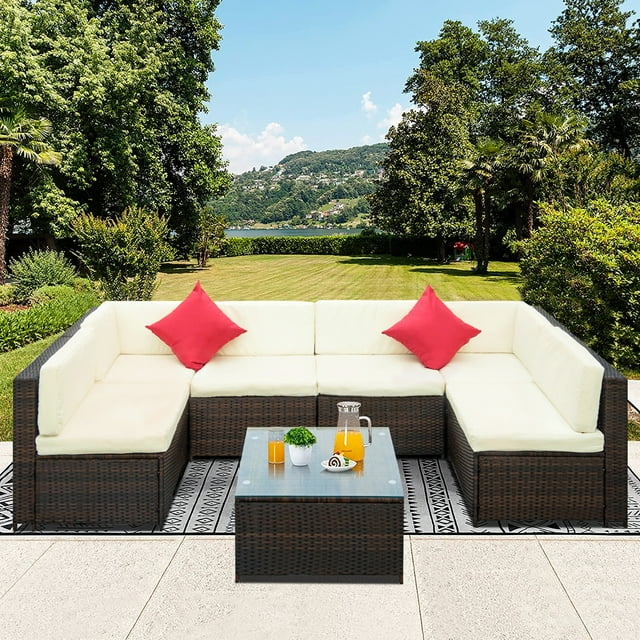 Wicker Patio Furniture Sets for Outdoor Furniture, 2021 Upgrade 7-Piece Conversation Furniture Set w/Corner Sofa, 2 Pillows, Glass Table, 2 Middle Sofa, Single Sofa, Padded Cushions Garden, S13084