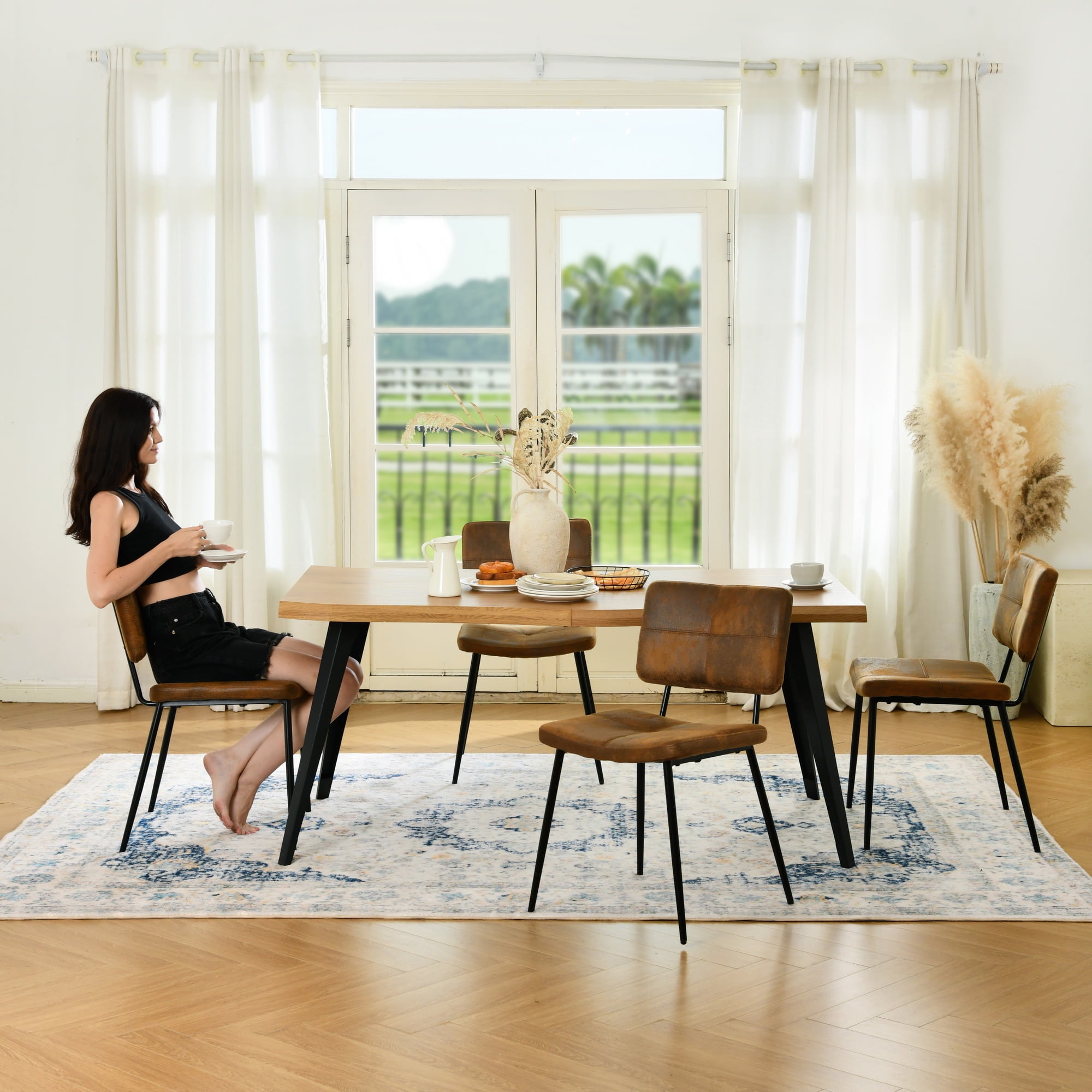 Homy Casa 5-Piece Dining Set with Live Edge Fuax Wooden Table and 4 Faux Suede Chairs