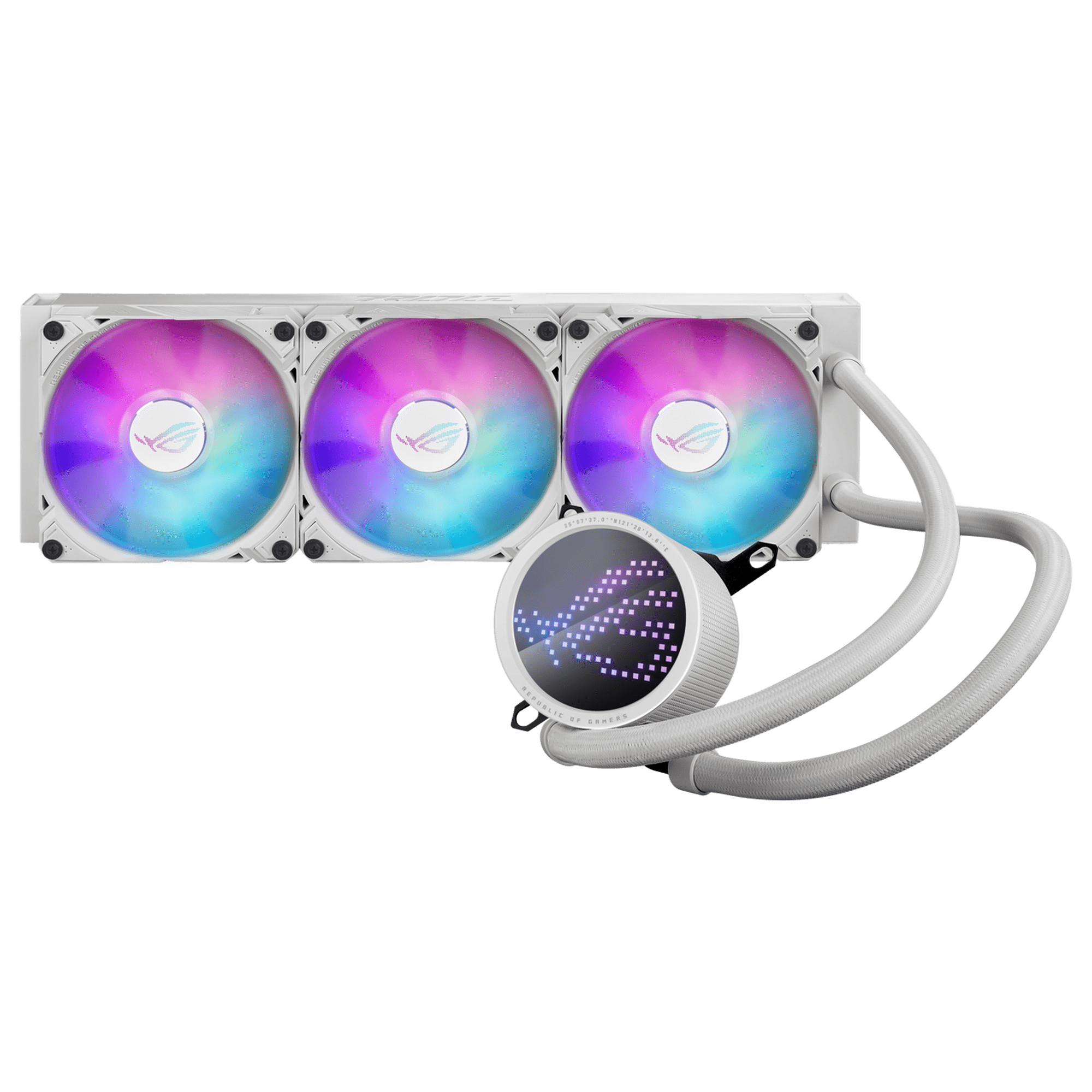 ROG Ryuo III 360 white edition all-in-one liquid CPU cooler, Asetek 8th gen pump solution, Anime Matrixβ’ LED Display, ROG ARGB cooling fans