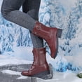 thumbnail image 3 of Lace up Winter Motorcycle Boots for Women Furry Lined Low Heel Side Zipper Mid Calf Combat Boots Waterproof Warm Snow Booties Wine Size 6.5, 3 of 8