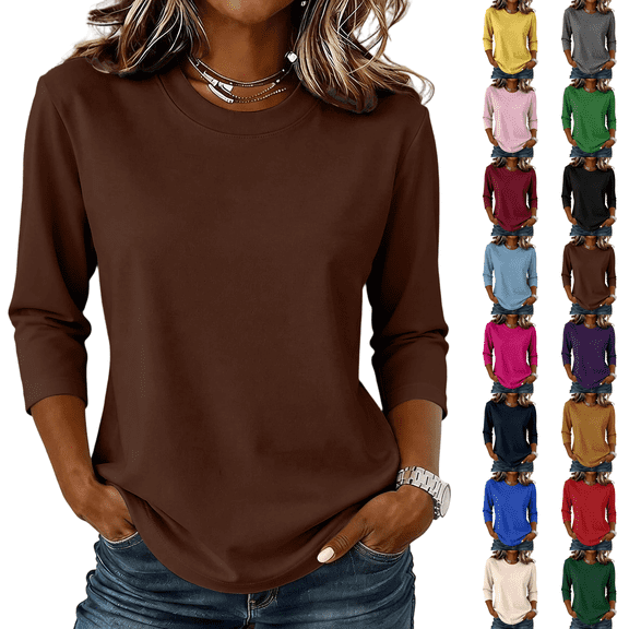 Womens Tops 3/4 Sleeve Shirts Round Neck Loose Casual Blouses Solid Color Tshirts Brown XL