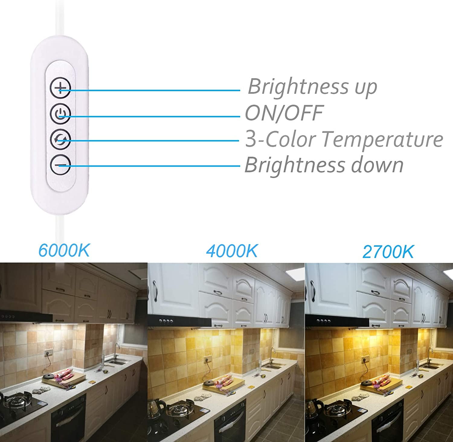 Dimmable 3 Color Temperature, LED Under Cabinet Lighting Bar Built-in Magnets 