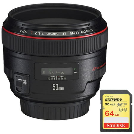 Canon EF 50mm f / 1.2L USM with Case and Hood (1257B002) with Sandisk 64GB Extreme SD Memory UHS-I Card w/ 90/60MB/s (Best Canon Prime Lens)