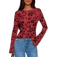 thumbnail image 6 of Women Long Sleeve Floral Mesh Tops Blouse Trendy Boat Neck Ruched Fitted Shirt Going Out Outfits Red M, 6 of 10