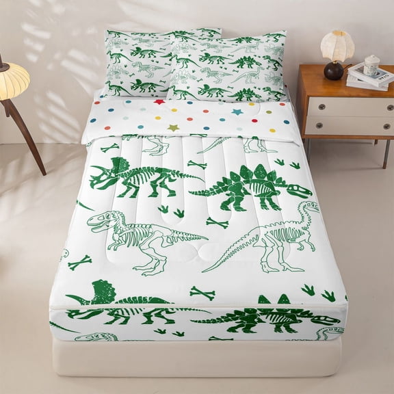 Homewish Cartoon Dinosaur Print Zipper Full Size Comforter Sets with Fitted Sheet and 2 Pillowcases for Kids, White Green Zipper Bedding Set, Polka Dots Reversible, 4pcs