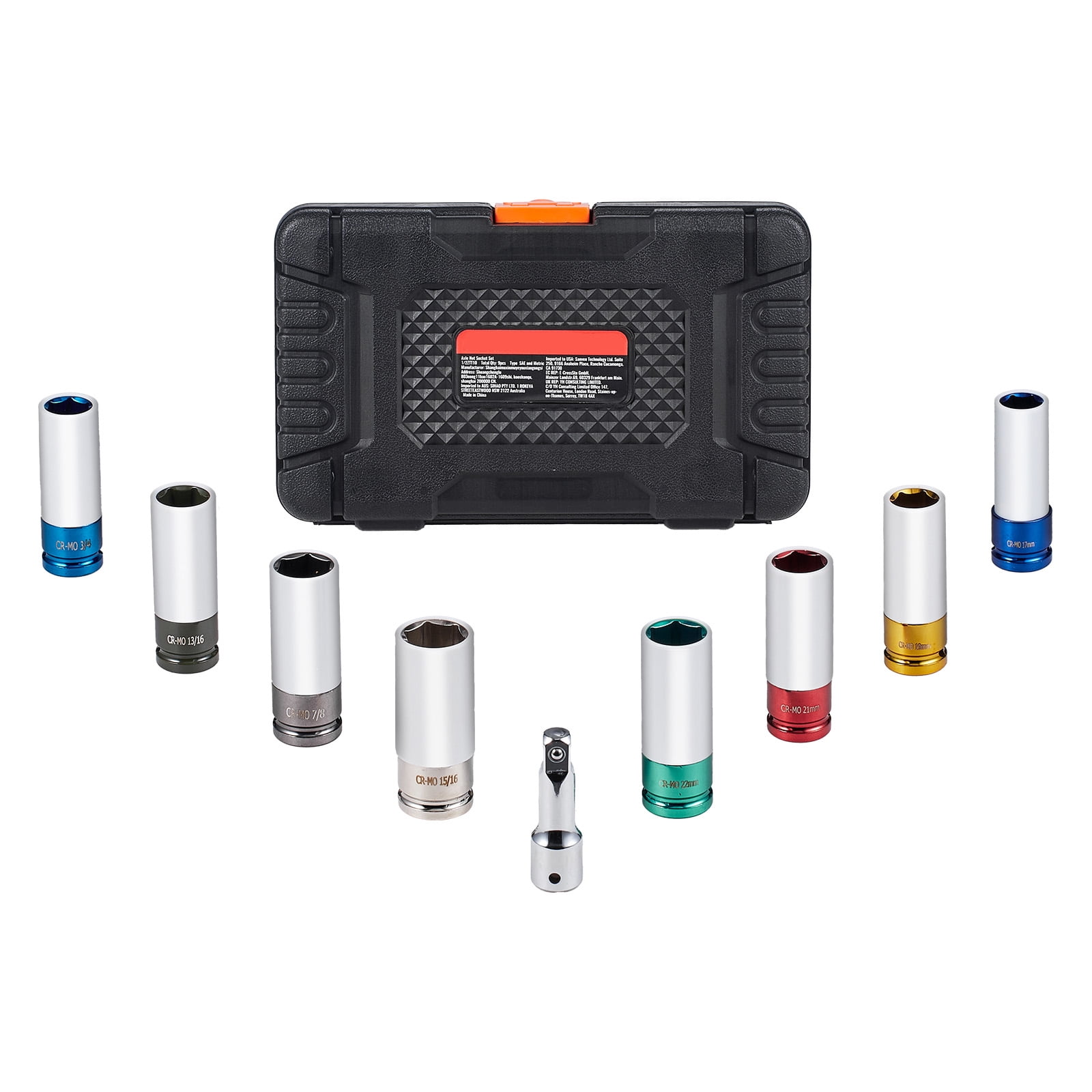 KFFKFF Impact Socket Set for Lug Nuts, 1/2 inch Drive, Metric & SAE, 6-Point, Deep, 8 Sizes, CR-MO Steel, Includes Case & Extension, Auto Repair