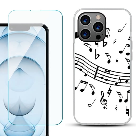 Slim-Fit Gel TPU Phone Case for iPhone 13 Pro Max, with Tempered Glass Screen Protector, by OneToughShield ® - Music Notes / White