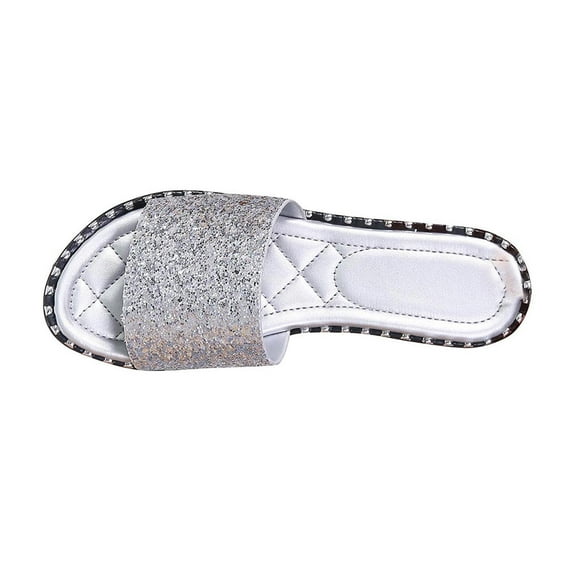 Virmaxy Womens Flat Sandals Women's Summer New Plus Size Frosted Sequin Line Over Beach Flats Light Sandals Silver 42