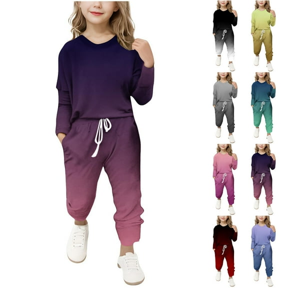 JTSRKL Kids Girls Two Piece Ombre Outfit Clothes Casual Long Sleeve Crewneck Sweatshirts and Drawstring Elastic Waist Sweatpants Trendy 2025 Tracksuit Set Dark Gray 5-6 Years